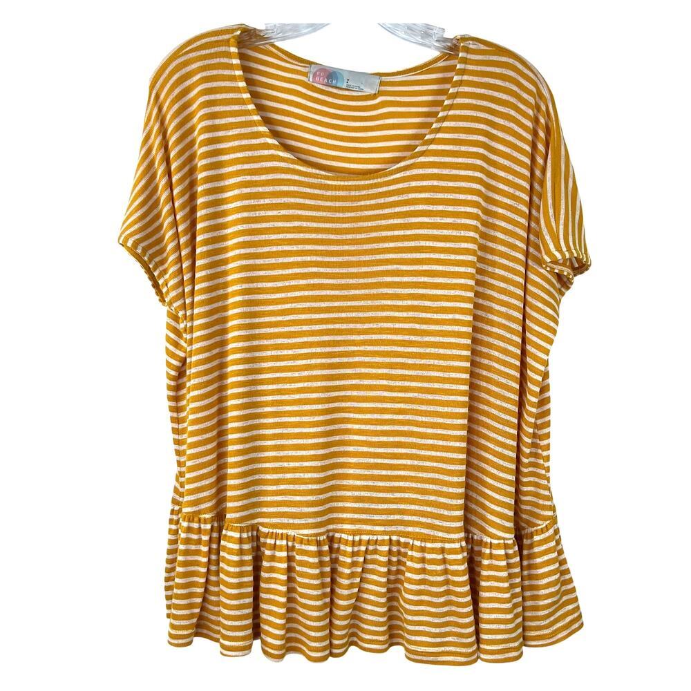 FP Beach Women's Yellow Striped Boho Peasant Top Ruffle Hem Oversized Size Small